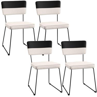 Imagem de Kit 4 Cadeiras Decorativas Estofada Base De Aço Allana L02 Faixa Corano Preto Linho Cru - Lyam Decor
