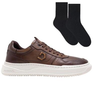 Imagem de Kit Sapatênis Democrata Denim Block Masculino + Par De Meia, Marrom, 4