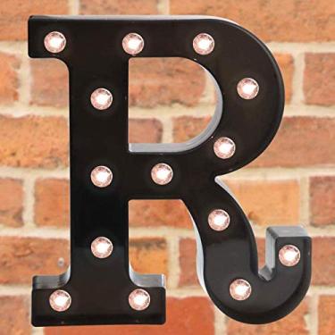 Imagem de Letreiro decorativo com letras iluminadas por LED - Letras de letreiro do alfabeto com luzes para festa de aniversário de casamento, Natal, luz noturna, decoração de bar, preto R