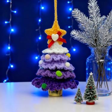 Imagem de Árvore de Natal de crochê de tricô, acessórios de carro pendurados em espelho, árvore de Natal, decoração de flores de crochê tricotadas à mão para espelho, espelhos retrovisores, chaveiros, para