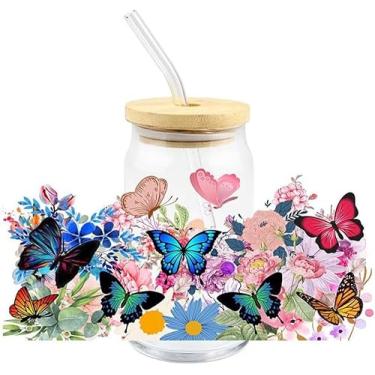 Imagem de Adesivos multicoloridos, adesivos de transferência para copos de vidro de 473 ml, adesivos de transferência para copo à prova d'água DIY para copos de café, caneca de copos de cerveja UV DTF adesivos