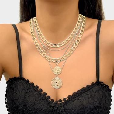 Imagem de Conjunto de colares de moedas retrô banhados a ouro 14K, joias de ouro delicadas para mulheres, One Size, Latão, Sem Pedra Preciosa