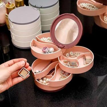 Imagem de Organizador de joias, pequena caixa de armazenamento de joias rotativa de 4 camadas com tampa para pulseiras, anéis, brincos, presente para mulheres, rosa
