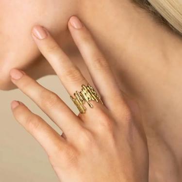 Imagem de Anéis de ouro grossos para mulheres, moderno vintage banhado a ouro 14 k ajustável empilhável anéis de dedo moda presente joia de formatura, Aço inoxidável, Sem pedra preciosa