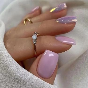 Imagem de 24 unidades de unhas postiças quadradas curtas com glitter roxo aurora com cola incluída para mulheres, kit de iniciante de acrílico reutilizável moderno
