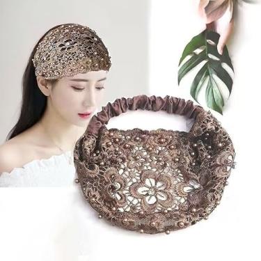 Imagem de Bandanas femininas largas para cabelo turbante, esportiva, treino, elástico, antiderrapante, faixa de cabelo marrom