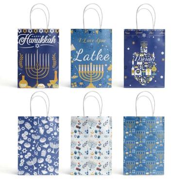 Imagem de Sacos de presente de papel para Hanukkah – Pacote com 6 sacos de presente judaica com designs de menorá e estrela de Davi, sacos de embrulho portáteis e elegantes para eventos religiosos, celebrações