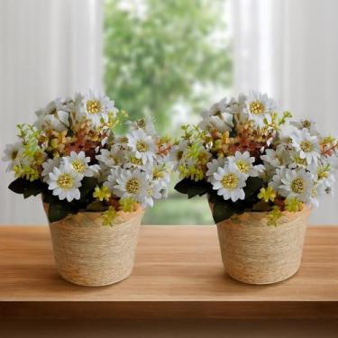 Imagem de Kit 2 Vasos Decorativos com Flores Artificiais, Margaridas Brancas em Vaso MDF com Acabamento em Palha, 30x12cm