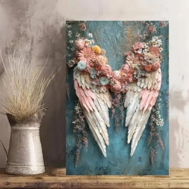 Imagem de Arte de parede em tela rústica vintage com asas florais azul-petróleo - Pôster sem moldura de 30 x 45 cm - Decoração de casa e escritório para sala de estar, quarto, cozinha e café