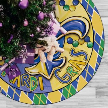 Imagem de Saia de árvore de Natal com máscara de flor de lis, 121 cm com cordão de contas de Nova Orleans, saia de árvore de carnaval de Nova Orleans, xadrez amarelo, azul, celebração, feriado, festa, decoração