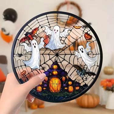 Imagem de Apanhador solar de acrílico colorido, fantasmas de Halloween e teia de aranha 18 cm, decoração de janela suspensa com design de vitral impresso, apanhador de sol, ideia de presente e ornamento de