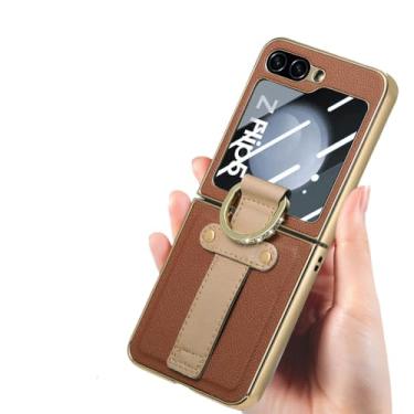 Imagem de Capa de couro para celular para Samsung Galaxy Z Flip 5 Flip5 Flip4 Flip 4 5G Proteção contra quedas Capa de filme de vidro temperado, marrom, para Samsung z flip 5