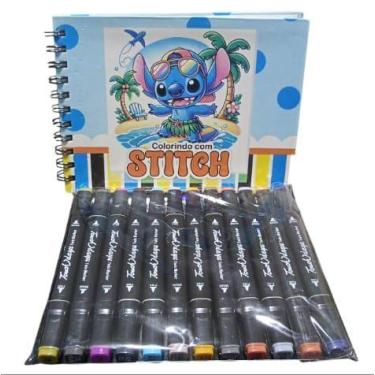 Imagem de Kit Caderno De Colorir Stitchi 50 Folhas 180g Com 12 Canetinhas Profis