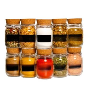 Imagem de Frasco De Vidro Para Condimentos Com 200 Ml — Condimentos Com Etiquetas Identificativas(10 Potes + Cartela Preta)