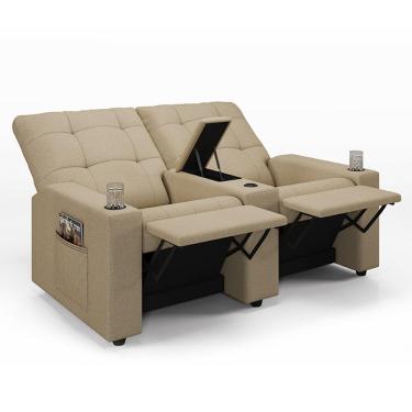 Imagem de Poltrona Do Papai Reclinável Sala De Cinema 2 Lugares Manual Baú Usb Linho Bege