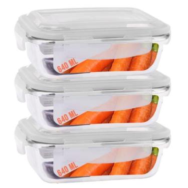 Imagem de Jogo 3 Potes de Vidro Marmita Tampa 4 Trava Hermética 640ml - Casa Lin