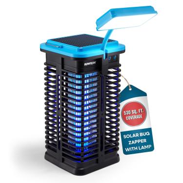 Imagem de Flowtron Mata-insetos solar | Assassino de insetos elétrico portátil com luz UV e lâmpada LED | Carregamento USB-C e solar para bateria de 4000 mAh | Cobertura de 530 pés quadrados de mosquitos