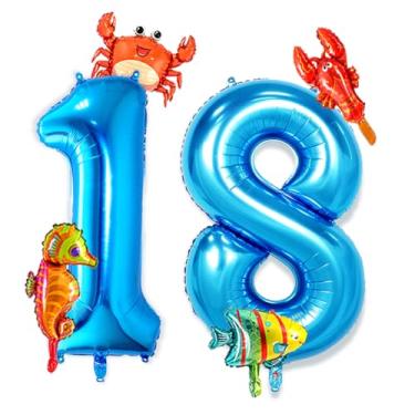 Imagem de Wuhetyo Balão azul número 18 de 101 cm, balão de alumínio animal oceânico, 5 mini balões de animais marinhos fofos sob os peixes para meninos do 18º ano para decoração de festa de aniversário de