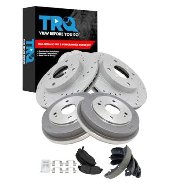 Imagem de TRQ Pastilha de freio dianteiro e traseiro e rotor, kit de sapata e tambor Desempenho semi-metálico revestido com G premium compatível com Honda Accord 1998-2002