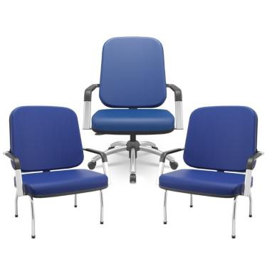 Imagem de Kit Cadeira De Escritório Giratória E 2 Cadeiras Fixas Cromada Magno P03 Vinil Azul - Lyam Decor