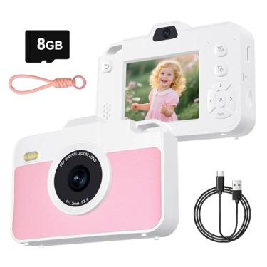 Imagem de Câmera digital para crianças, câmeras digitais de 48 MP 1080p com lente dupla, câmera pequena compacta com zoom de 16X para meninas e meninos, cartão TF de 8 GB, rosa