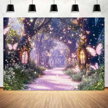 Imagem de 3 x 2,4 m Primavera Encantada Floresta Fundo Roxo Conto de Fadas Grama Mundial Borboleta País das Maravilhas Jardim Mágico Chá Festa Crianças Meninas Chá de Bebê Estúdio Adereços de Estúdio