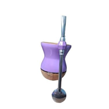 Imagem de TaçAs de Vinho, Copos de Mate,Cuia Chimarrao，Kit Cuia Madeira Bicolor Premium Bomba Inox ，Cuia de ChimarrãO(BB Lilás + bomba Pedra)