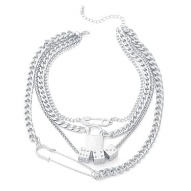 Imagem de ZZQPSD Colar punk de corrente cubana hip hop, colar de prata em camadas de dados, clipe de papel, pingente de cadeado com colar de declaração para mulheres e homens, General, Metal, em