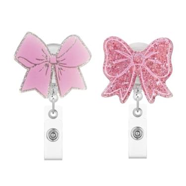 Imagem de 2 peças de carretel de crachá de laço rosa para crachá de identificação, porta-crachá retrátil, acessórios de clipe jacaré para enfermeiras, acessórios para trabalhadores médicos RN LPN CNA MA