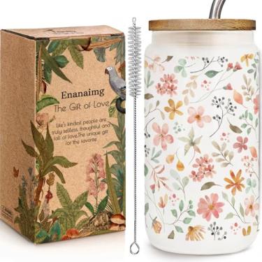 Imagem de Enanaimg Copos de vidro gelado florais com tampas e canudos de bambu 473 ml, copo de café de flores silvestres, presente para mulheres, copo de flor fofa com escovas de limpeza, presentes para mãe