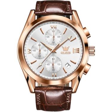 Imagem de OLEVS Relógio masculino de couro marrom, cronógrafo, ouro rosa, analógico, quartzo, moderno, vestido de negócios, mostrador grande, luminoso, impermeável, casual, masculino, mostrador branco
