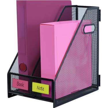 Imagem de ideallife Organizadores de mesa, suporte de arquivo de revista de metal com 2 compartimentos verticais, organizador de arquivos para material de escritório, espaço de trabalho doméstico - preto