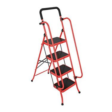 Imagem de Escadas dobráveis Escada dobrável de segurança de 4 degraus de aço carbono banco de escada de metal com corrimãos e apoios de braços laterais escada portátil para casa escada resistente (cor: amarelo