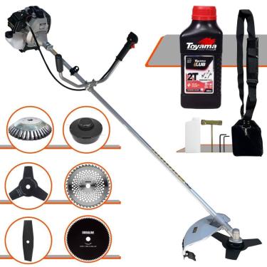 Imagem de Roçadeira Toyama TBC43H À Gasolina 43cc 1,7HP 6 Em 1 Com Carretel + Faca 2 Pontas, 3 Pontas, 40 Dentes e 80 Dentes + Escova de Aço + ÓLEO TOYAMA FG50