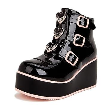 Imagem de LUCKY STEP Bota feminina plataforma grossa no tornozelo – bico redondo com zíper, salto alto, fivela rave, sola grossa, botas góticas, Preto/rosa, 41