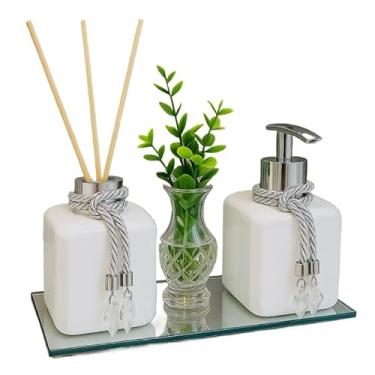 Imagem de Kit Lavabo Pet Vasinho Com Flor Bandeja Aromatizador e Saboneteira Luxo - Decoração Banheiro Moderno(Prata)