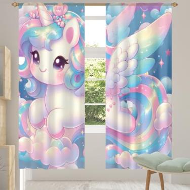 Imagem de 2 conjuntos de painéis de unicórnios brilhantes de desenho animado cortinas transparentes arejadas com filtro leve painéis de cortina leve cortina de porta janela para sala de estar quarto de jantar
