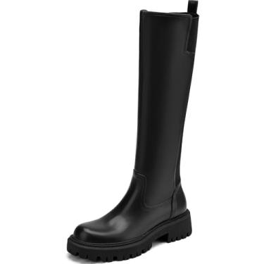 Imagem de AIUNIIND Botas femininas até o joelho plataforma sola saliente botas elásticas bico redondo botas de equitação confortável vestido botas longas, Preto, 37