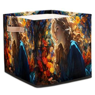 Imagem de hongjinglin Cestos dobráveis de armazenamento de cubo para mulher, flores de primavera, caixas dobráveis para crianças, brinquedo com alças, organizador de tecido, cesto organizador para berçário