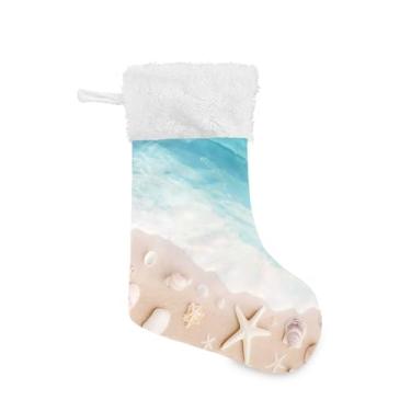 Imagem de Blueangle Pacote com 2 meias bonitas de Natal com cenário de praia de 48 cm para decorações de festas de fim de ano, porta-presentes e meias (459)