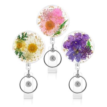 Imagem de KJQJLY 3 peças de carretel de crachá de flor retrátil, suporte de crachá de enfermeira, carretel de crachá de enfermeira com chaveiro, suporte de crachá de resina floral seca, clipe de identificação