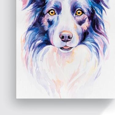 Imagem de PlimShop Quadro em Canvas Border Collie Aquarela, 100X80 cm, Arte Moderna em Tons de Azul e Rosa, Moldura Elegante, Decoração para Sala e Quarto, Estilo Contemporâneo
