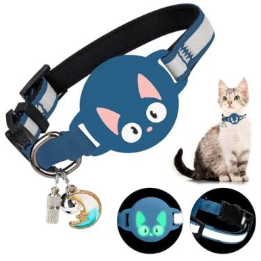 Imagem de Woyinger Coleiras reflexivas para gatos com sinos, rastreador GPS oculto para coleira de gatinho com fivela de segurança AirTag, com etiqueta de nome, à prova d'água para suporte luminoso AirTag