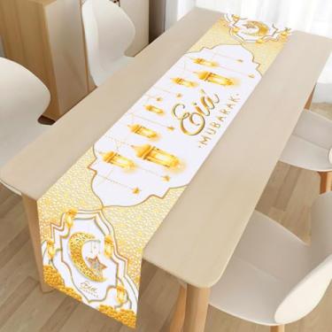 Imagem de Eid Mubarak Caminho de mesa, decorações brancas douradas Ramadan Kareem com lanterna suspensa e padrão de estrelas, corredores de mesa de jantar de cozinha para decoração islâmica de boas festas e