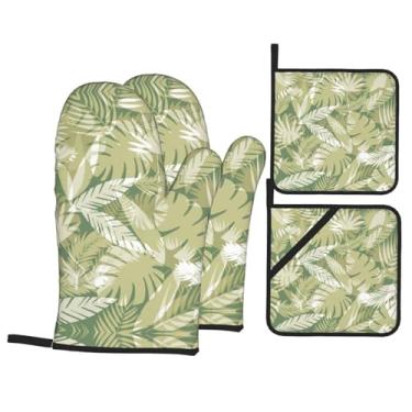 Imagem de Tropical Plants - Conjunto de luvas de cozinha estampadas com suportes de tampa, luvas de forno resistentes ao calor para manusear panelas quentes, grelhar, churrascos, kit de 4 peças.