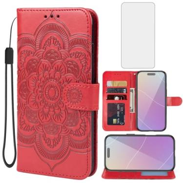 Imagem de Bohefo Capa para iPhone 17 Pro/capa carteira para Apple 17 Pro com protetor de tela de vidro temperado, suporte para cartão de crédito de couro mandala para iPhone 17 Pro, vermelho