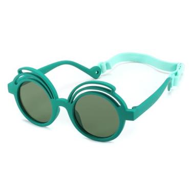 Imagem de Óculos de sol redondos para bebês, óculos de sol flexíveis de borracha com alça para bebês recém-nascidos de 0 a 24 meses, Armação verde escura | Lente verde