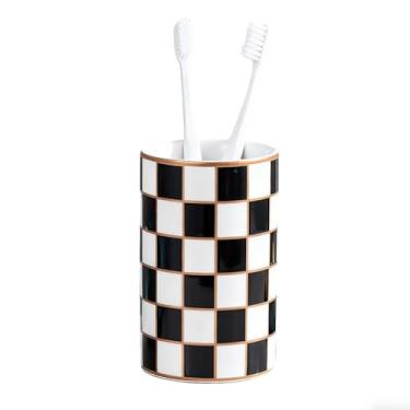 Imagem de Suporte de escova de dentes xadrez de cerâmica com faixa dourada, organizador de banheiro de grade preta e branca para escovas de dentes e pasta de dente, suporte de caneta de mesa multifuncional para
