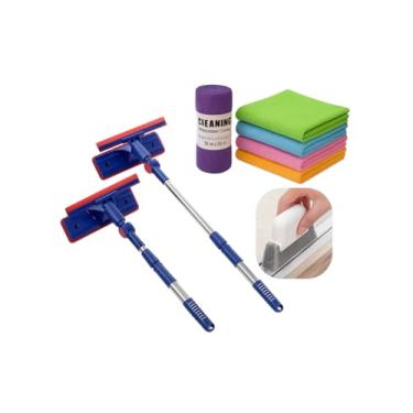 Imagem de Rodo Mágico 2 em 1 Limpa Vidros e Janelas com Esponja para Canto Cabo Extensível kit completo 5 panos microfibras e rodo