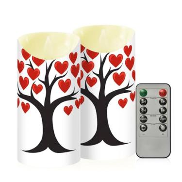Imagem de Wassud Pacote com 2 árvores de dia dos namorados com corações velas sem chama com controle remoto, velas realistas cintilantes com temporizador, velas decorativas para Natal, casamento, festa